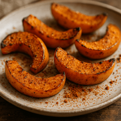 Tranches de citrouille grillées et épicées sur une assiette, parfaites pour une collation automnale savoureuse.