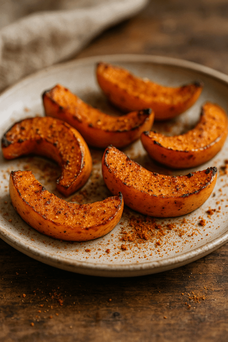 Tranches de citrouille grillées et épicées sur une assiette, parfaites pour une collation automnale savoureuse.