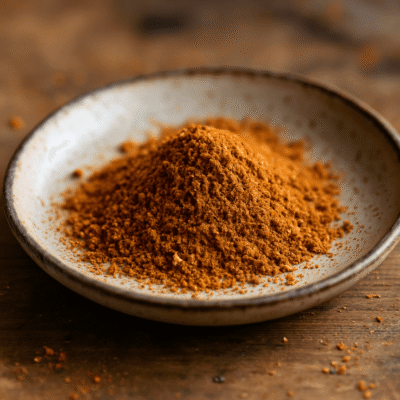 Poudre de cannelle dans un bol en céramique sur une table en bois, idéale pour la cuisine et les boissons chaudes.