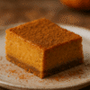 Gâteau épicé à la citrouille sur assiette, saupoudré de cannelle, parfait pour l'automne.