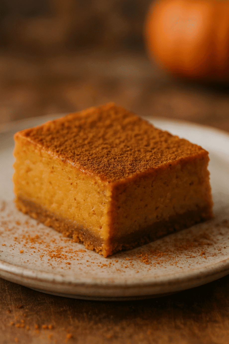 Gâteau épicé à la citrouille sur assiette, saupoudré de cannelle, parfait pour l'automne.