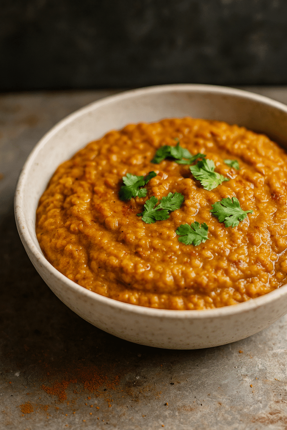 Bol de curry de lentilles crémeux, garni de coriandre fraîche, sur fond rustique.