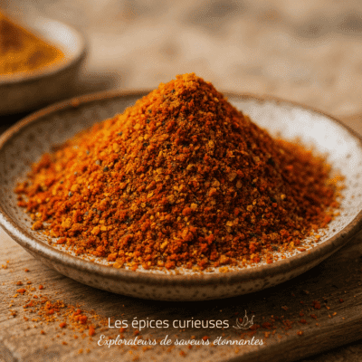 Assiette de poudre de curry épicée sur une table en bois, mettant en valeur la texture et les couleurs vives des épices.