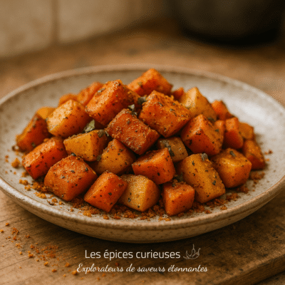Assiette de cubes de légumes rôtis épicés, savoureux et colorés, servie sur une table en bois rustique.