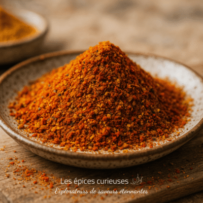 Assiette de poudre de curry épicée sur une table en bois, mettant en valeur la texture et les couleurs vives des épices.