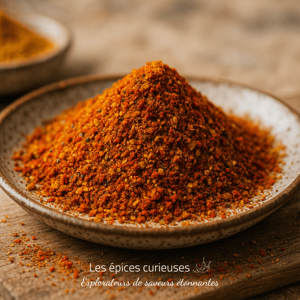 Assiette de poudre de curry épicée sur une table en bois, mettant en valeur la texture et les couleurs vives des épices.
