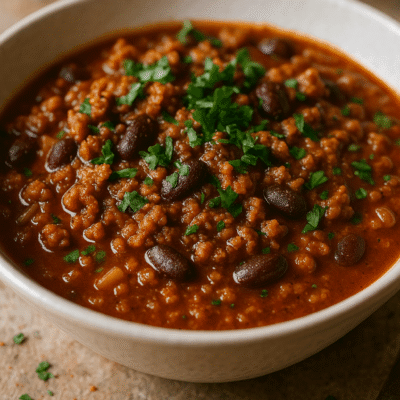 Bol de chili con carne épicé avec haricots rouges et persil frais, prêt à être dégusté.