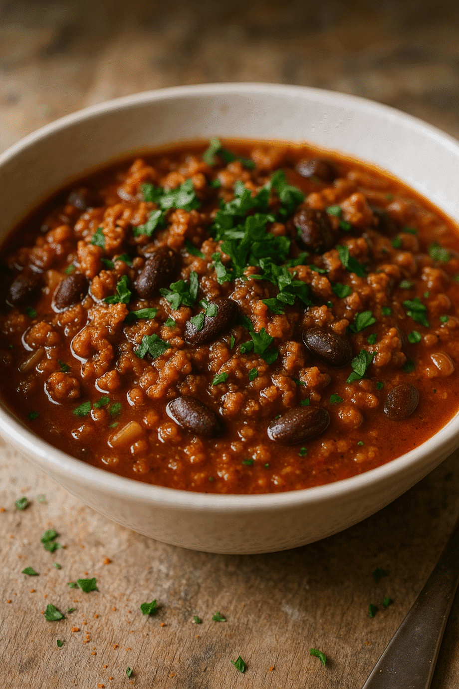 Bol de chili con carne épicé avec haricots rouges et persil frais, prêt à être dégusté.