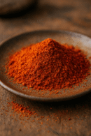 Poudre de paprika rouge épicé dans une assiette en céramique sur une table en bois.