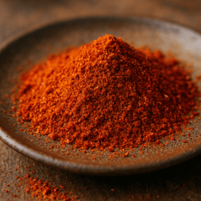 Poudre de paprika rouge épicé dans une assiette en céramique sur une table en bois.