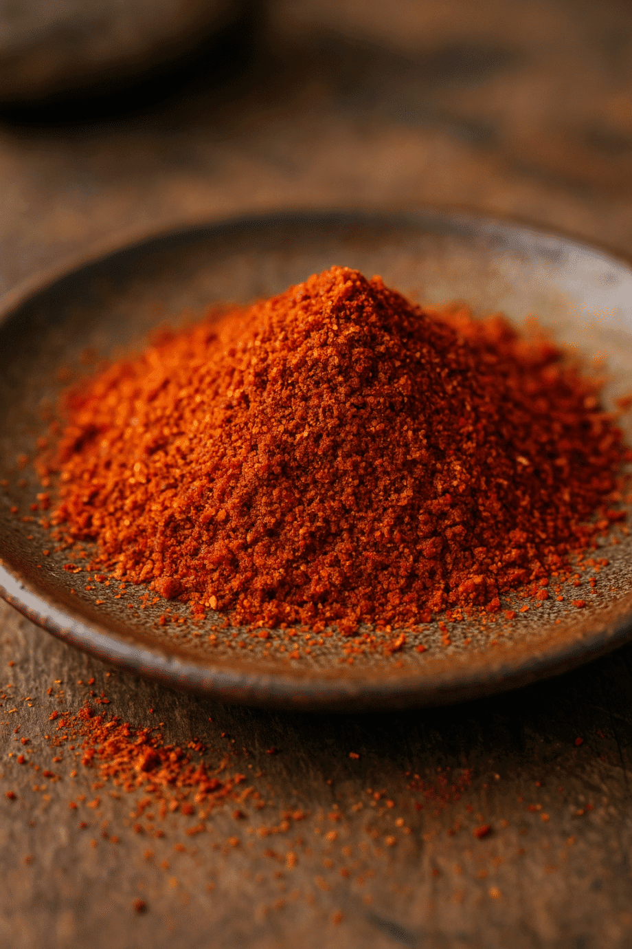Poudre de paprika rouge épicé dans une assiette en céramique sur une table en bois.