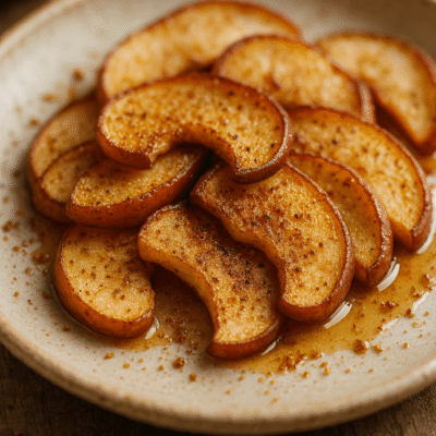 Tranches de pommes à la cannelle et au sucre sur une assiette, vues en gros plan pour une ambiance automnale gourmande.