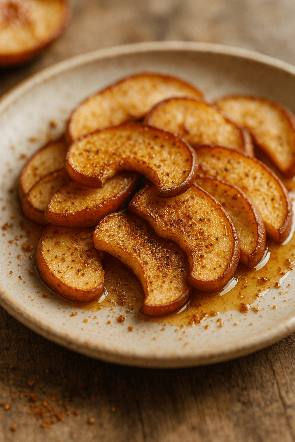 Tranches de pommes à la cannelle et au sucre sur une assiette, vues en gros plan pour une ambiance automnale gourmande.