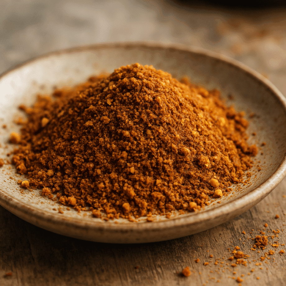 Assiette de poudre d'épices brunes, parfaite pour rehausser les saveurs de vos plats épicés et arômatiques.