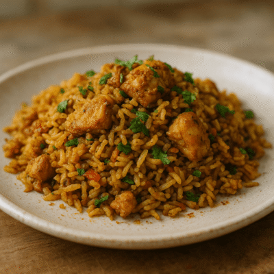 Plat de riz épicé au poulet, garni de coriandre fraîche, servi sur une assiette blanche.