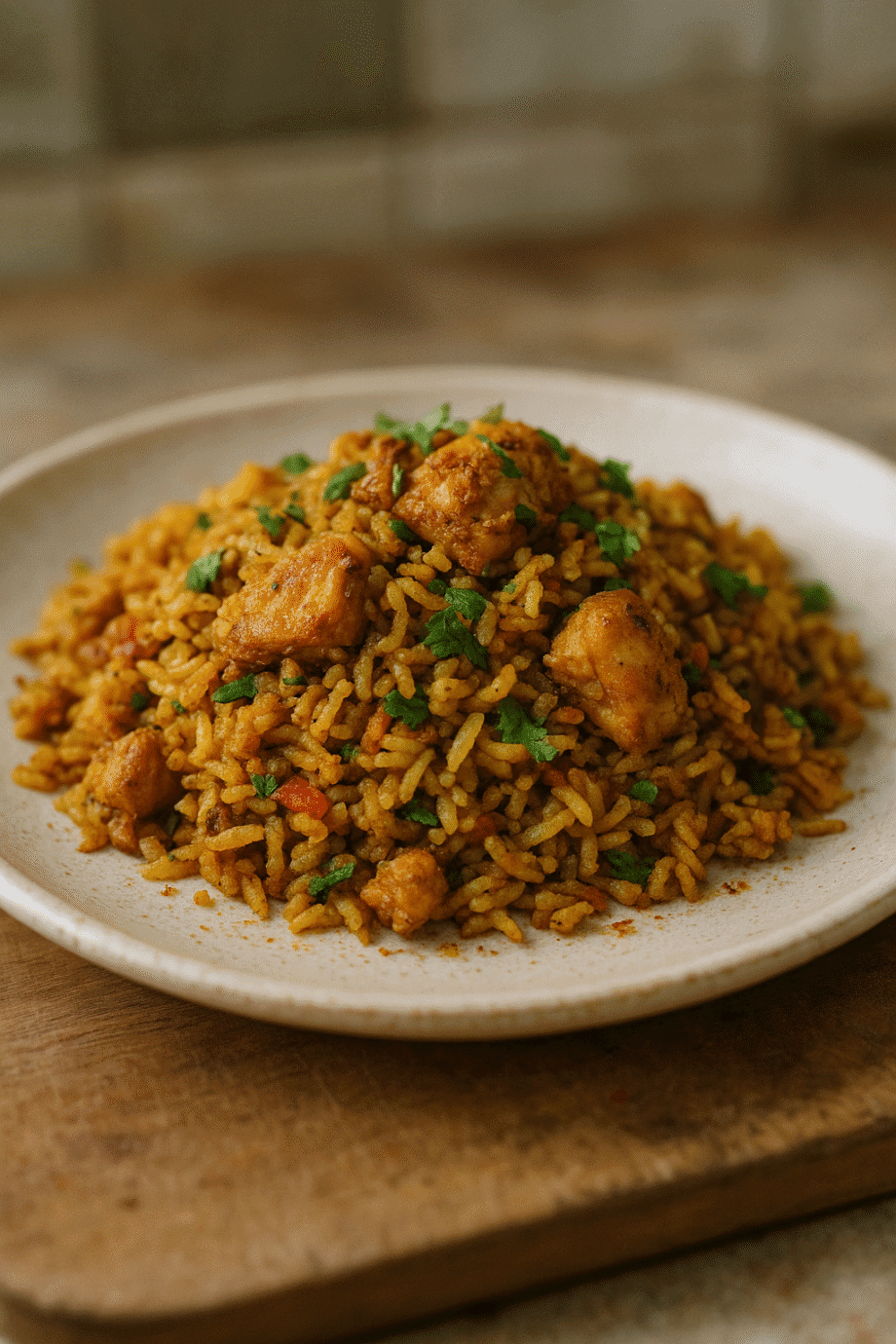 Plat de riz épicé au poulet, garni de coriandre fraîche, servi sur une assiette blanche.