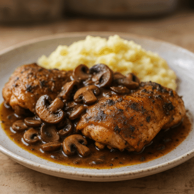 Poulet rôti aux champignons et purée crémeuse, sauce savoureuse, sur une assiette en céramique.