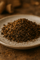 Monticule de fines herbes et épices sur une assiette en céramique, prêt à sublimer vos plats.