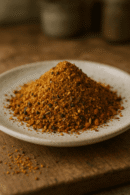 Assortiment de fines épices colorées sur une assiette blanche, idéal pour enrichir les plats de saveurs exotiques.