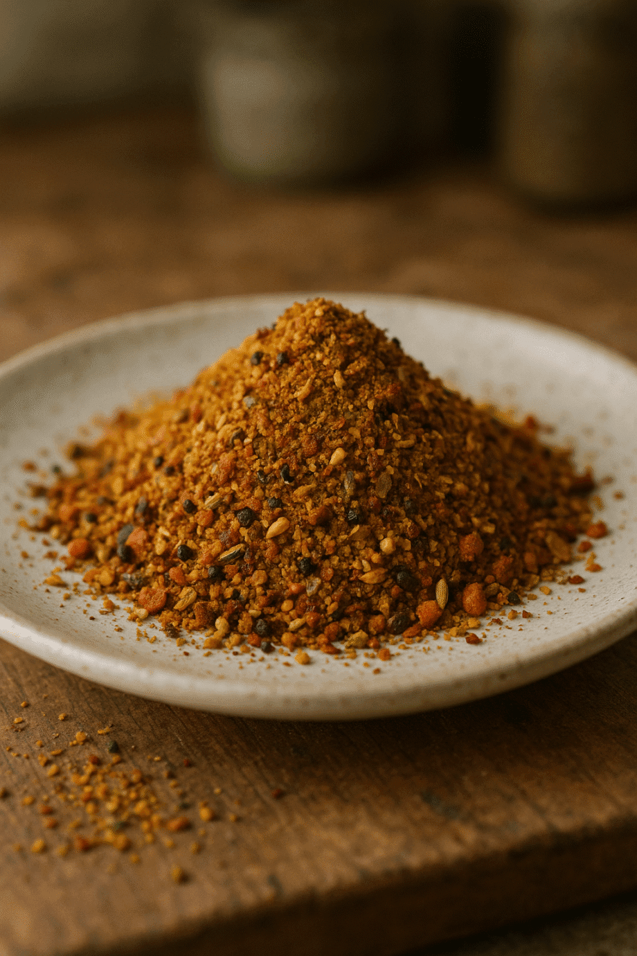 Assortiment de fines épices colorées sur une assiette blanche, idéal pour enrichir les plats de saveurs exotiques.