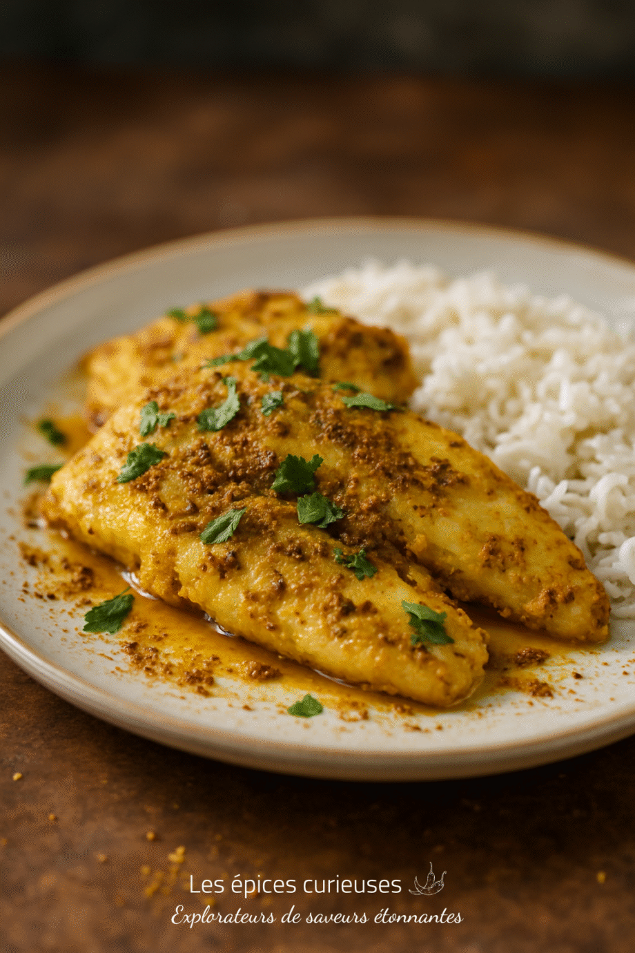 Filets de poisson épicés servis avec du riz basmati, garnis de coriandre.