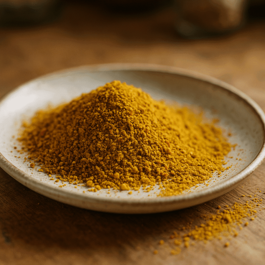 Assiette en céramique avec poudre de curcuma dorée, sur une table en bois rustique.