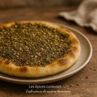Pain plat libanais au zaatar et graines de sésame, servi sur une assiette, sur une table en bois rustique.