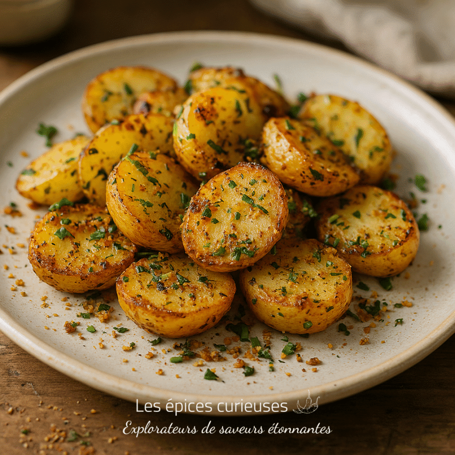 Pommes de terre rôties dorées avec persil sur assiette blanche, assaisonnées et croustillantes.
