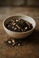 Bol de thé aux épices variées sur une table en bois, ambiance chaude et réconfortante.