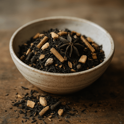 Bol de thé aux épices variées sur une table en bois, ambiance chaude et réconfortante.