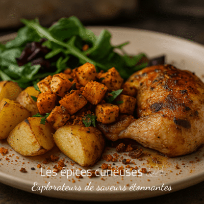 Assiette gourmande de poulet rôti, pommes de terre et salade verte, parsemée de miettes épicées.