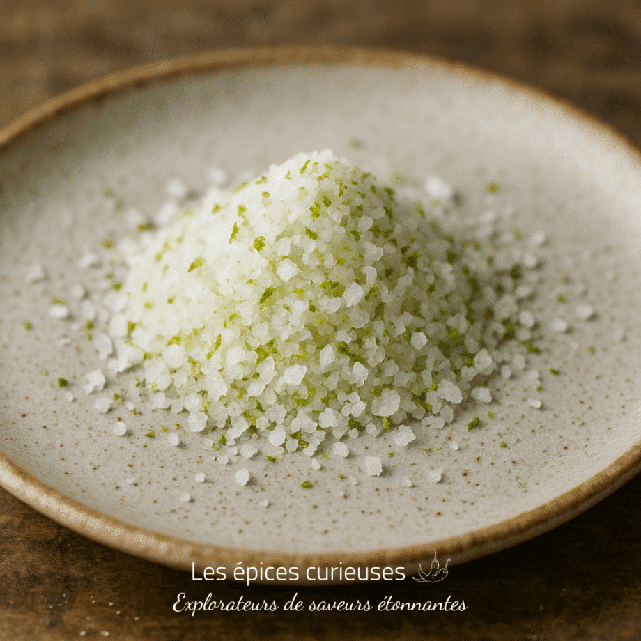 Assiette de sel de mer avec des éclats verts, idéal pour assaisonner vos plats avec une touche raffinée et colorée.
