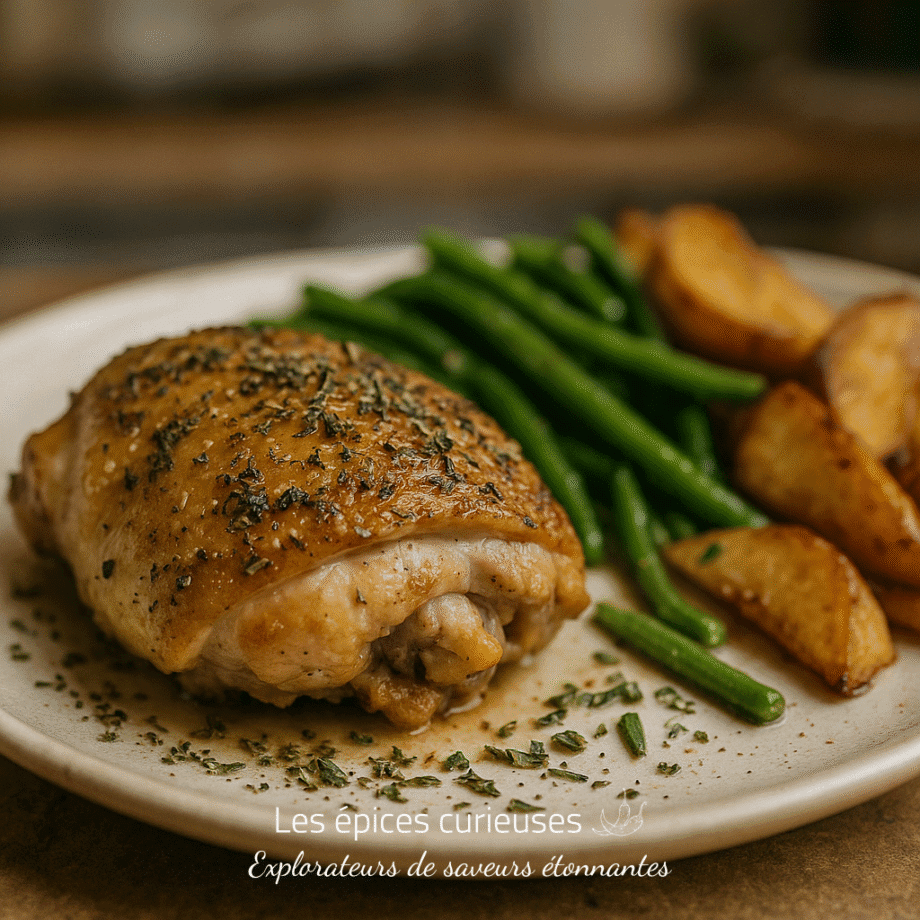 Poulet rôti aux herbes avec haricots verts et pommes de terre dorées. Repas savoureux et équilibré.