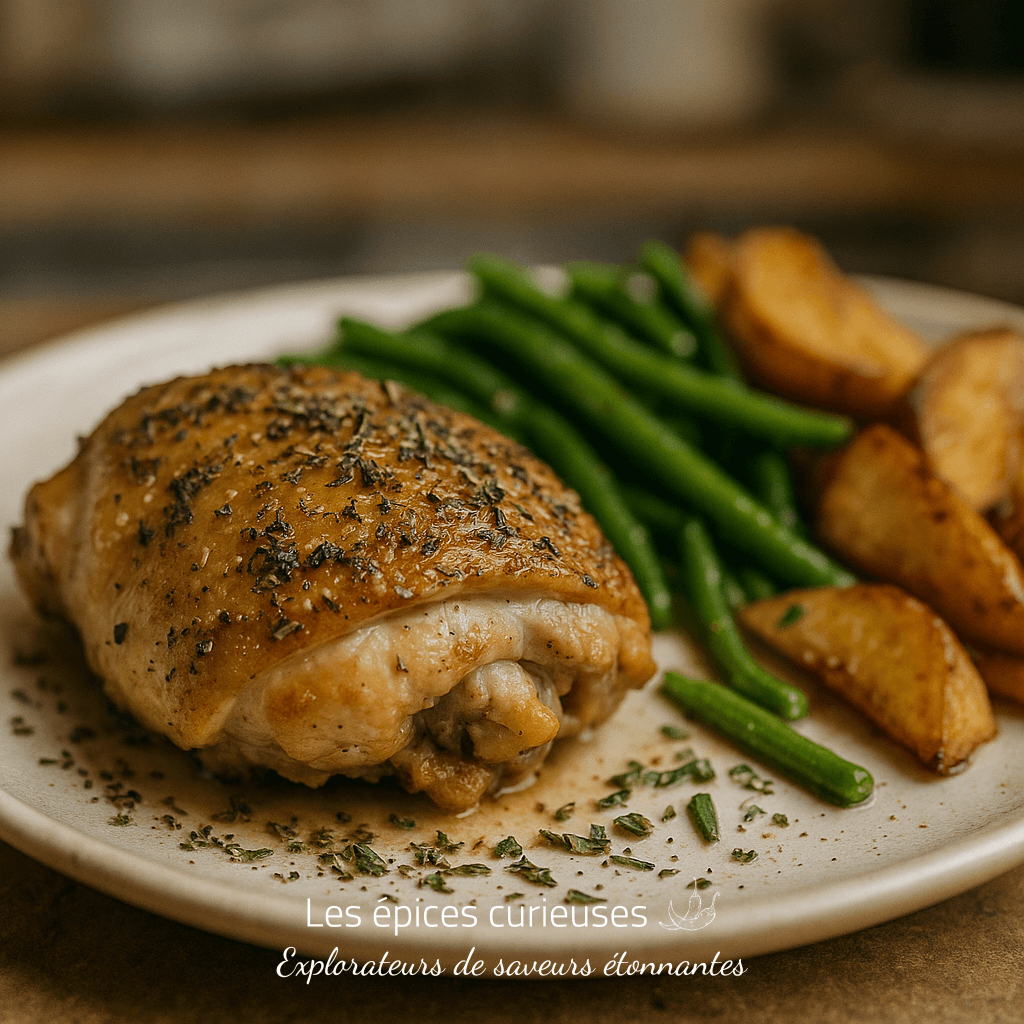 Poulet rôti aux herbes avec haricots verts et pommes de terre dorées. Repas savoureux et équilibré.