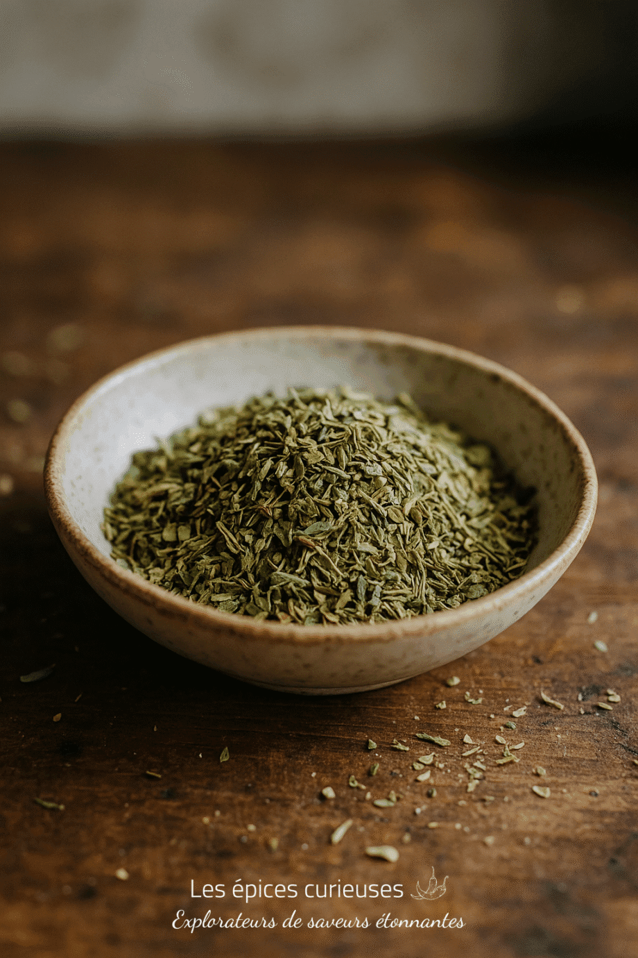 Bol de feuilles d'origan séchées sur une table en bois, idéal pour assaisonnements et plats méditerranéens.