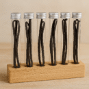 Gousses de vanille en tubes en verre, rangées sur un support en bois, sur fond neutre.