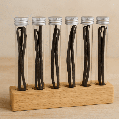 Gousses de vanille en tubes en verre, rangées sur un support en bois, sur fond neutre.
