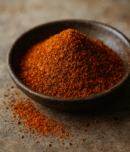 Assiette de poudre de piment rouge épicée, posée sur une table en bois.