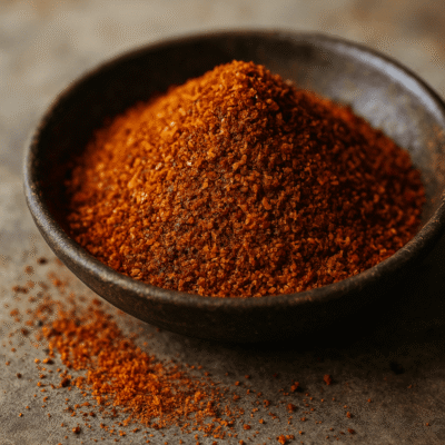 Assiette de poudre de piment rouge épicée, posée sur une table en bois.