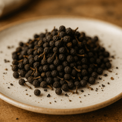 Assiette de clous de girofle séchés sur une table en bois, ingrédients pour la cuisine et les infusions épicées.