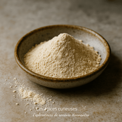 Bol de farine sur une table en bois, shooté en gros plan, mettant en valeur la texture fine de la poudre.