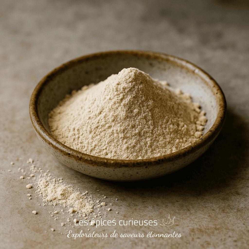 Bol de farine sur une table en bois, shooté en gros plan, mettant en valeur la texture fine de la poudre.