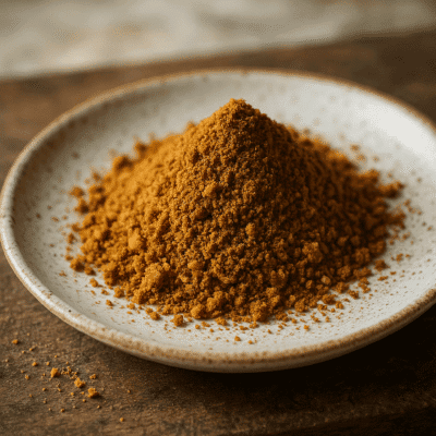 Poudre de cannelle sur une assiette en céramique, parfaite pour la cuisine et les recettes gourmandes.