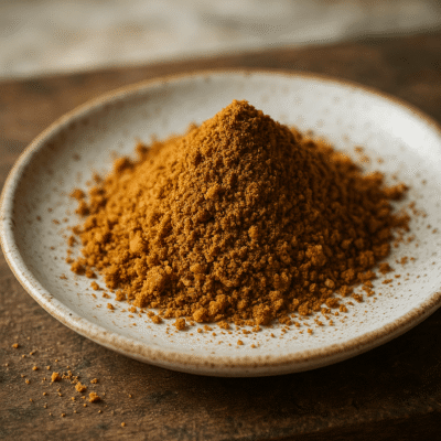 Poudre de cannelle sur une assiette en céramique, parfaite pour la cuisine et les recettes gourmandes.