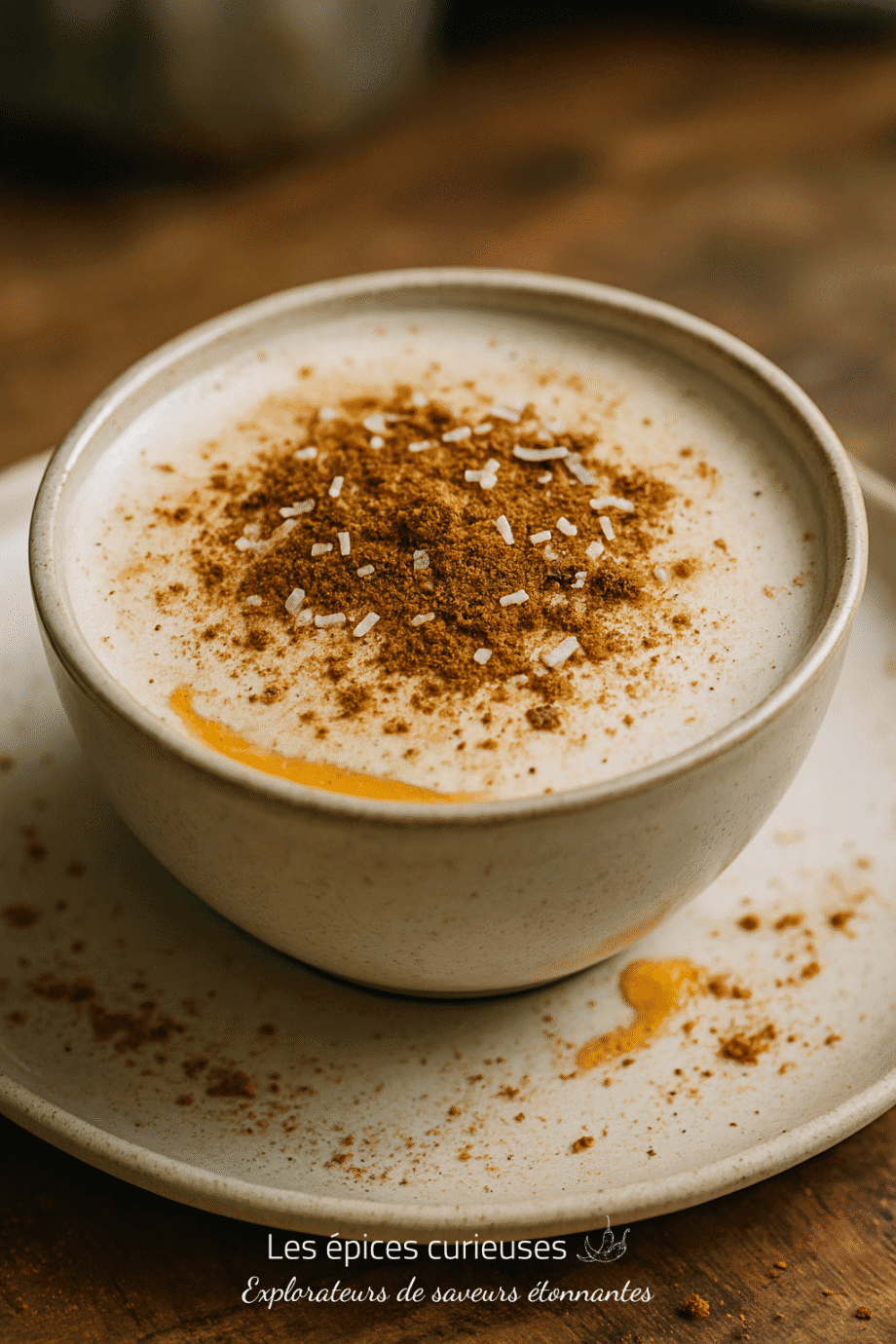 Tasse de cappuccino crémeux saupoudré de cannelle, posée sur une soucoupe en céramique.