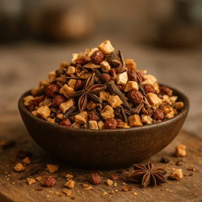 Bol d'épices variées avec anis étoilé, clous de girofle, cubes de fruits secs, ambiance chaleureuse et rustique.