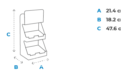 Support d'affichage deux niveaux en carton, dimensions : A 21,4 cm, B 18,2 cm, C 47,6 cm pour brochures ou flyers.