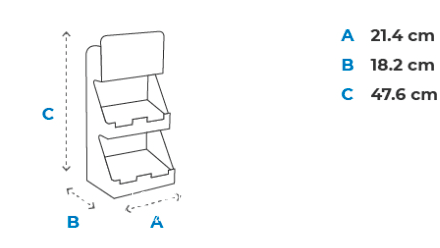 Support d'affichage deux niveaux en carton, dimensions : A 21,4 cm, B 18,2 cm, C 47,6 cm pour brochures ou flyers.