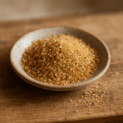 Bol de sucre brun sur une table en bois, idéal pour des recettes naturelles et savoureuses.