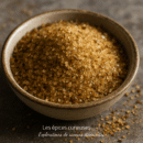 Bol en céramique rempli de sucre brun cristallisé, posé sur une surface en pierre grise.